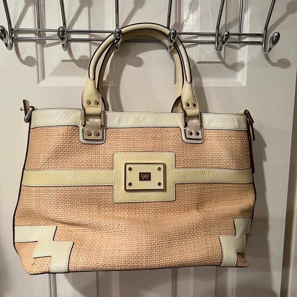 Anya Hindmarch cream raffia and patent leather tote